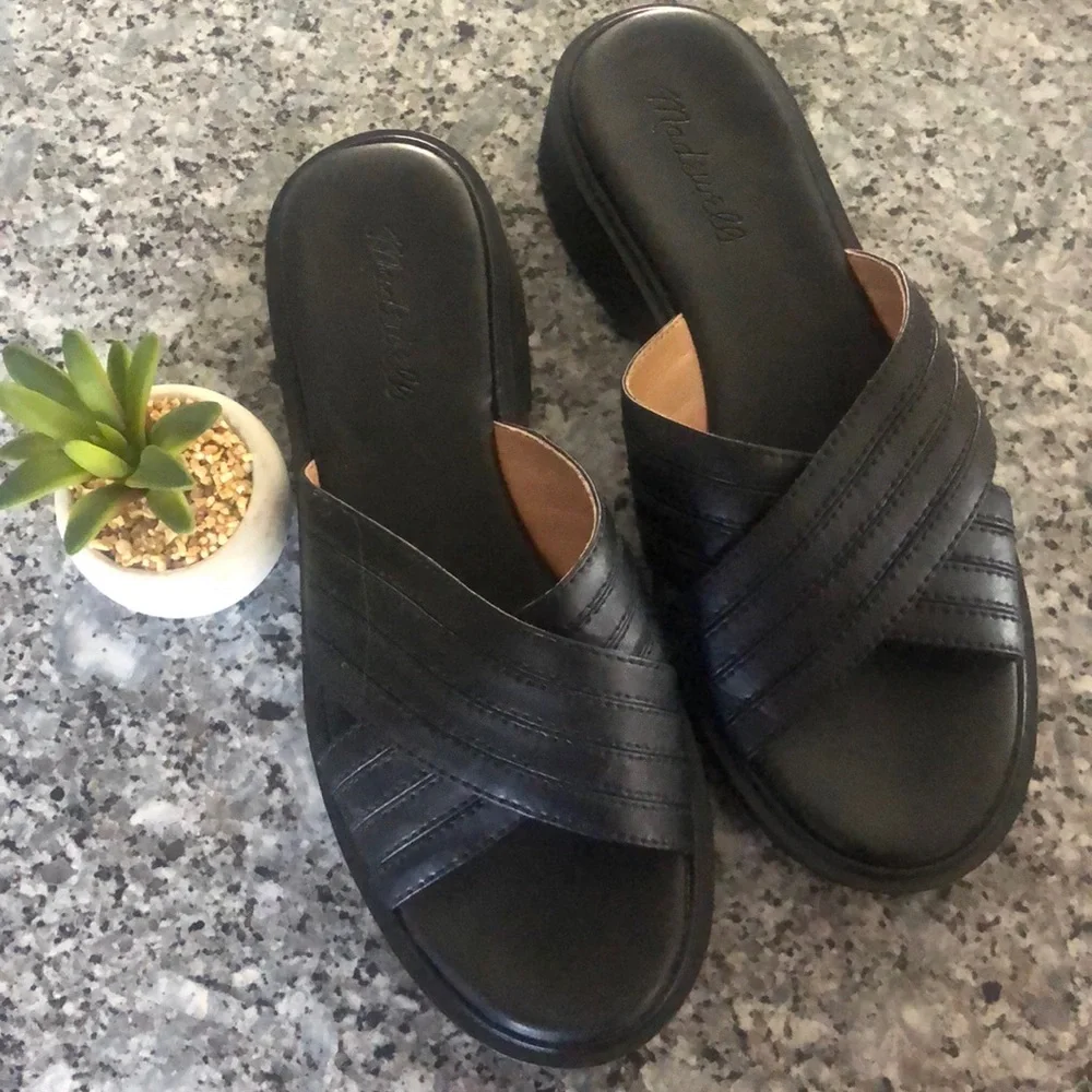 Madewell Alina BLACK Leather PLATFORM SLIDE 7.5 SANDALS NK043 NWOB